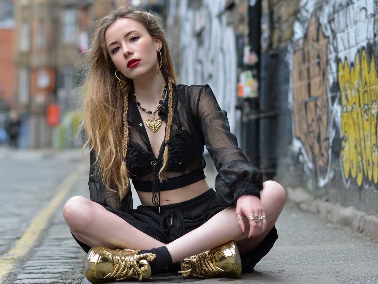 street style black mesh layered outfit with gold metallic sneakers black biker shorts layered crop top urban gold graffiti background bold accessories --v 6 --style raw