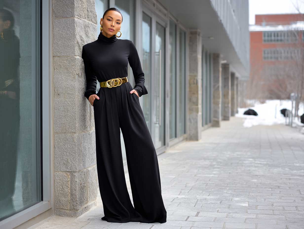 full-length supermodel in minimalist black wide leg jumpsuit cinched with high-gloss gold vinyl belt clean urban setting soft backlight natural pose --v 6 --style raw