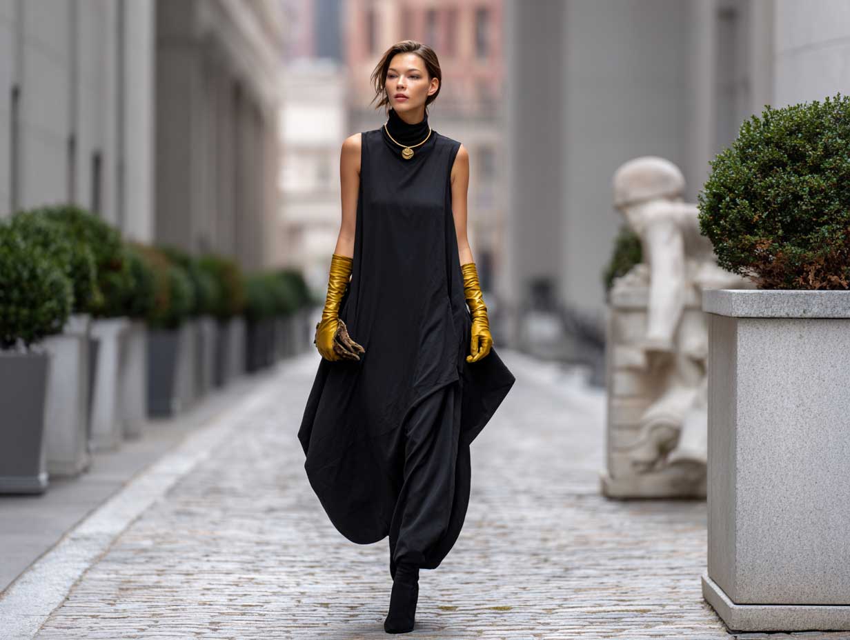 full-length supermodel wearing black sculptural maxi tunic with asymmetrical hemline paired with structured gold leather gloves minimalist city backdrop soft overcast lighting