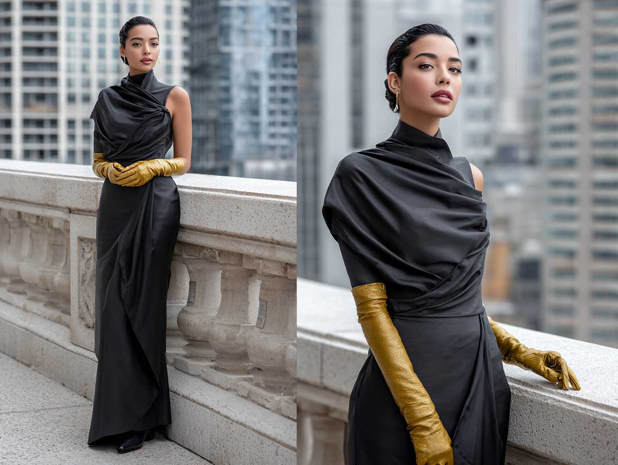 full-length supermodel wearing black sculptural maxi tunic with asymmetrical hemline paired with structured gold leather gloves minimalist city backdrop soft overcast lighting