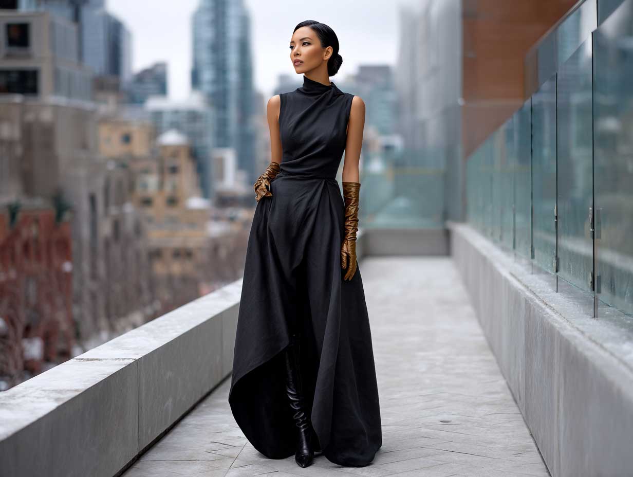 full-length supermodel wearing black sculptural maxi tunic with asymmetrical hemline paired with structured gold leather gloves minimalist city backdrop soft overcast lighting