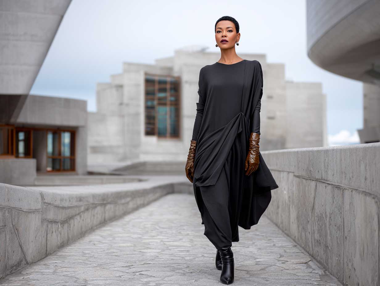 full-length supermodel wearing black sculptural maxi tunic with asymmetrical hemline paired with structured gold leather gloves minimalist city backdrop soft overcast lighting