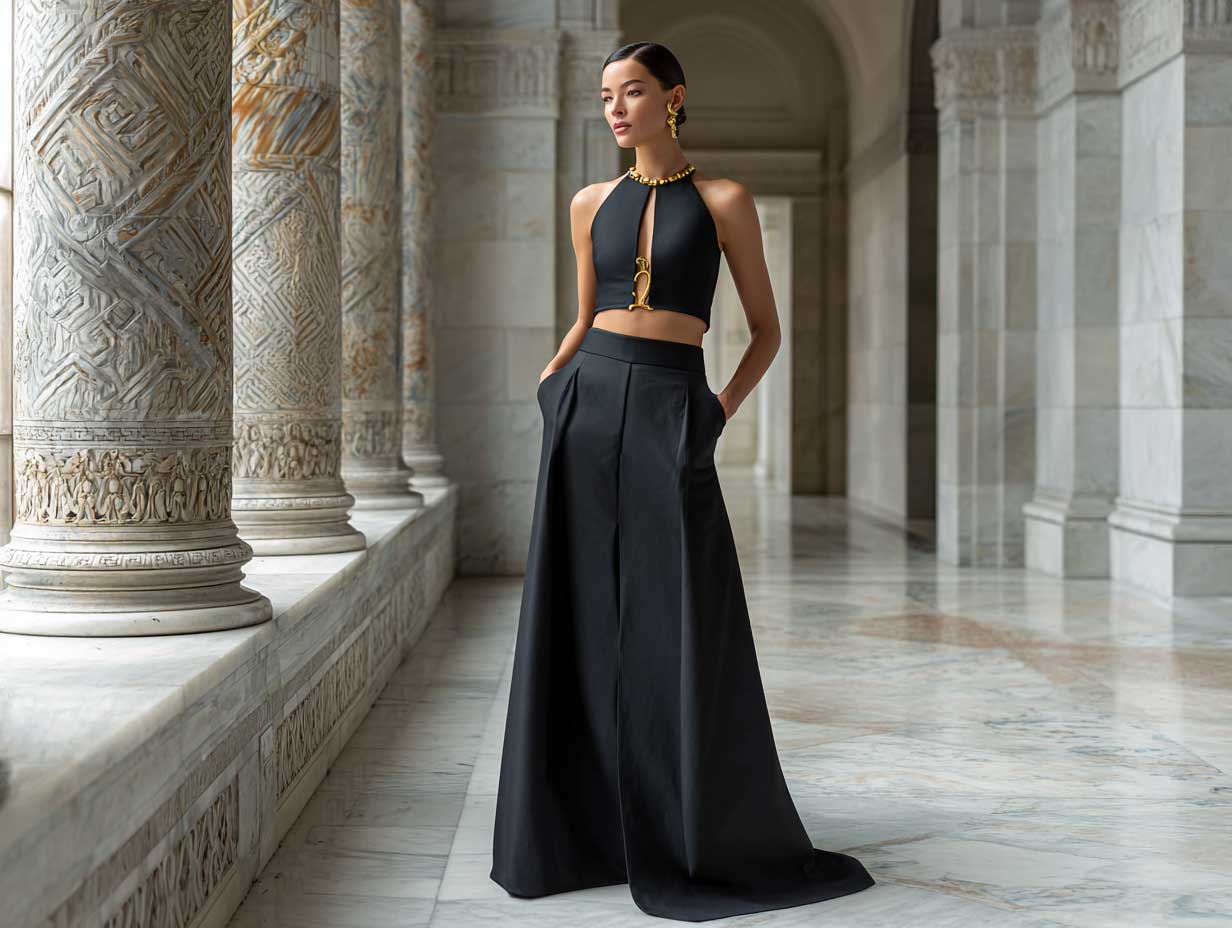 full-length supermodel in black structured column skirt with high waist paired with minimalist gold halter shell top marble museum interior sleek hairstyle clean lighting