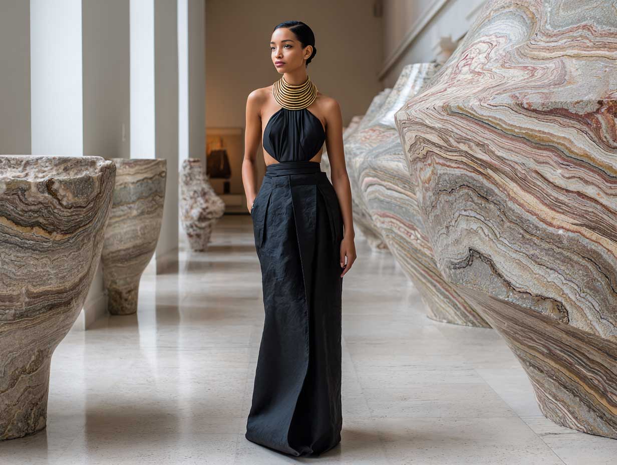 full-length supermodel in black structured column skirt with high waist paired with minimalist gold halter shell top marble museum interior sleek hairstyle clean lighting