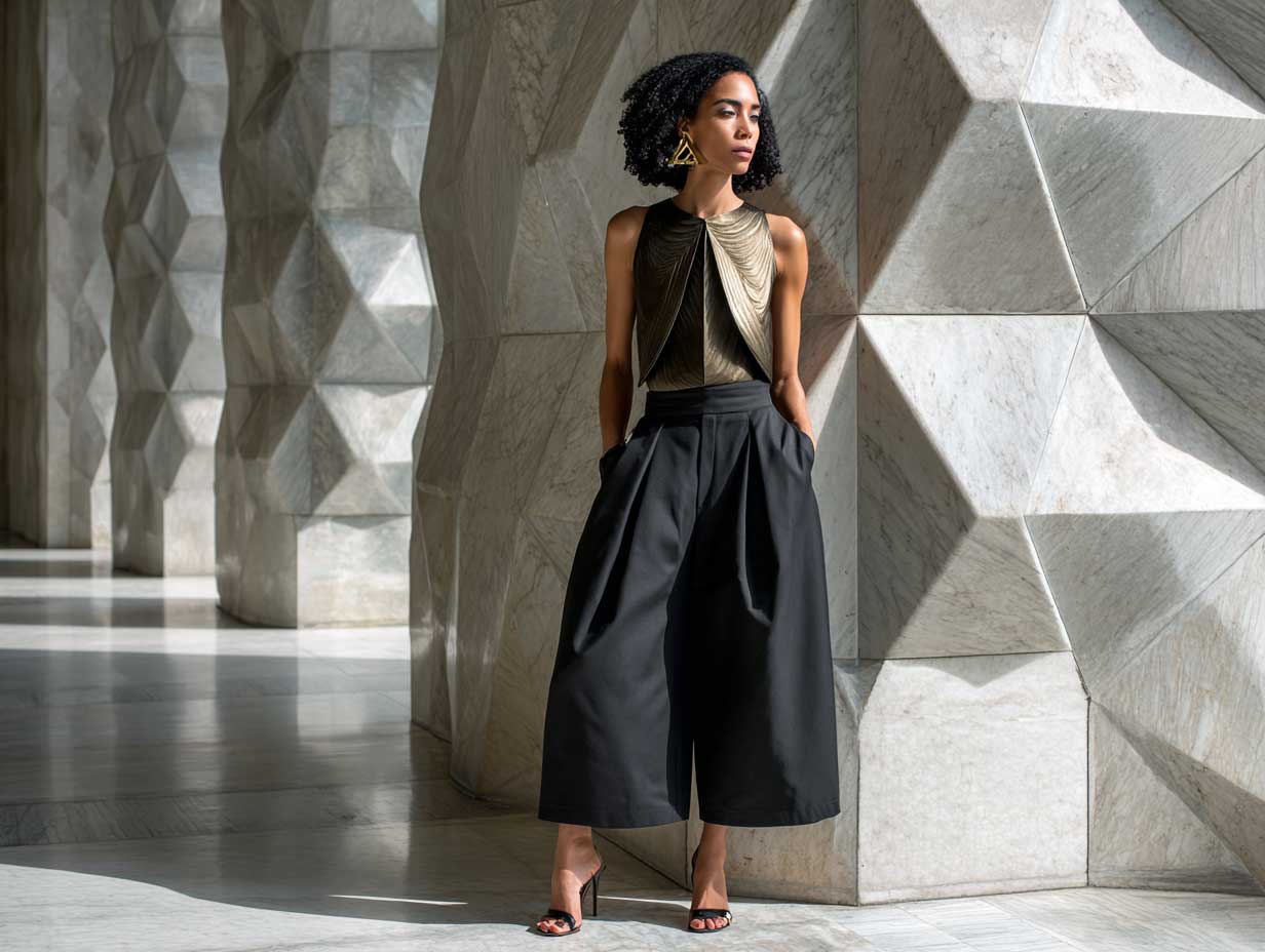 full-length supermodel in black wool culottes and structured gold origami fold top architectural background dramatic shadows minimalistic styling --v 6 --style raw