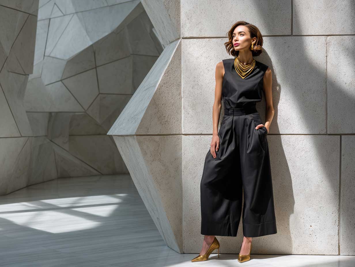 full-length supermodel in black wool culottes and structured gold origami fold top architectural background dramatic shadows minimalistic styling --v 6 --style raw