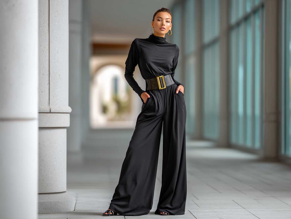 full-length supermodel in minimalist black wide leg jumpsuit cinched with high-gloss gold vinyl belt clean urban setting soft backlight natural pose --v 6 --style raw