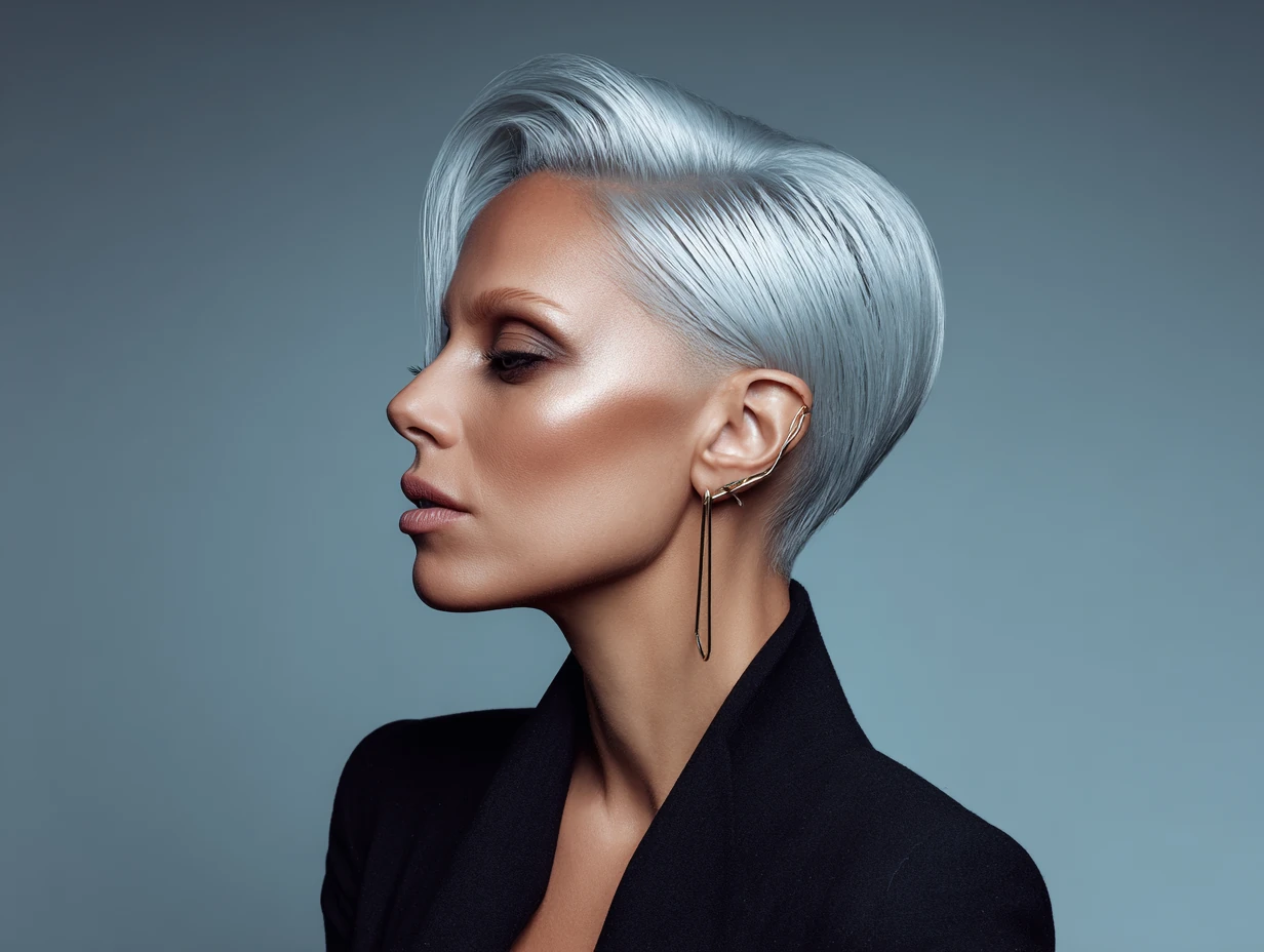 portrait of a woman with a blowout haircut, icy platinum silver hair, editorial-inspired angle, high-shine finish, futuristic lighting, bold silhouette, clean minimal makeup
