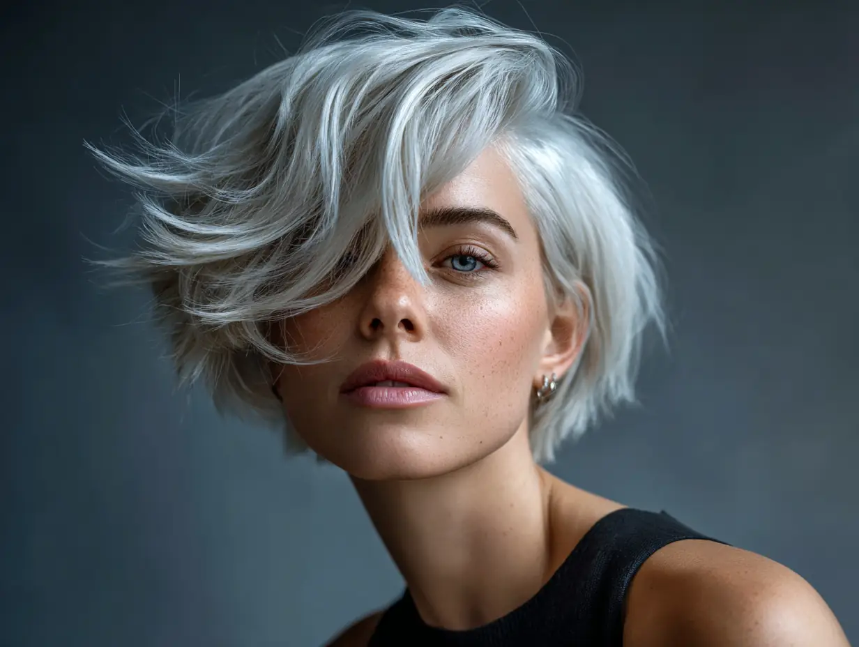 portrait of a woman with a blowout haircut, ash blonde highlighted hair, layered movement, cool undertones, ethereal lighting, artistic angle, minimalistic makeup, modern expression