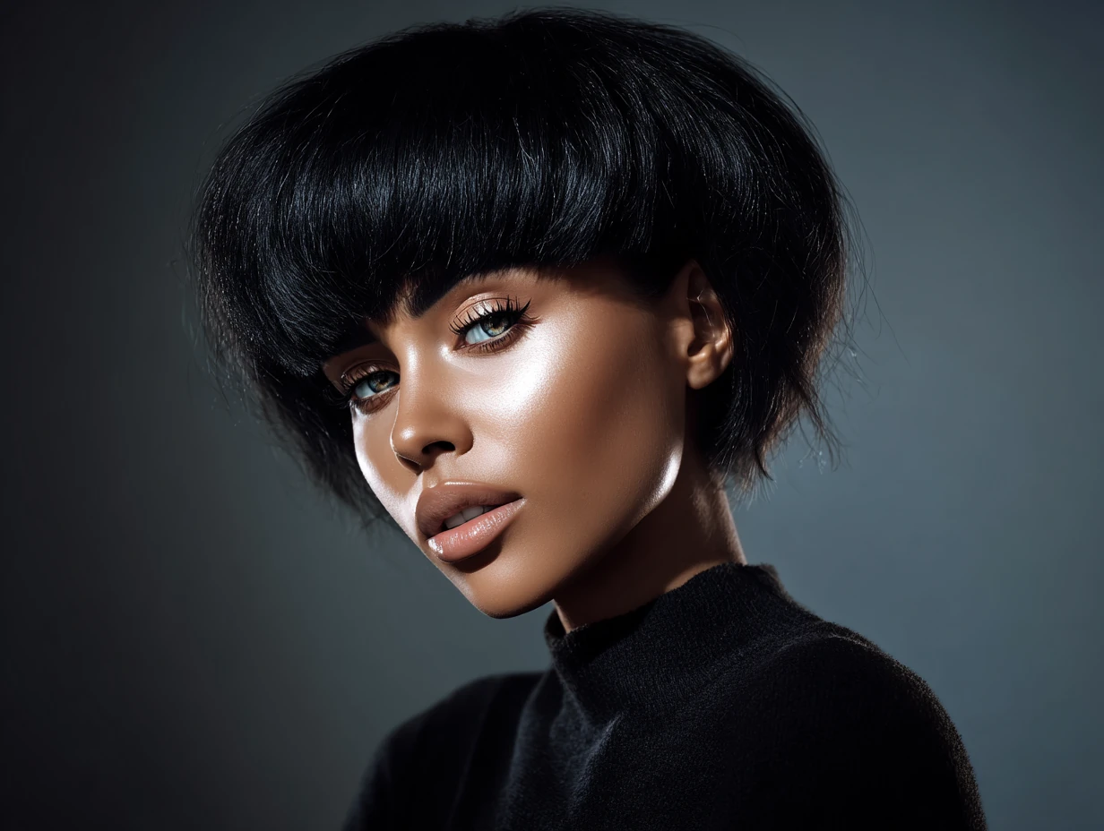 portrait of a woman with a voluminous blowout haircut, jet black shiny hair, glowing skin tone, high-contrast lighting, modern chic vibe, street fashion backdrop