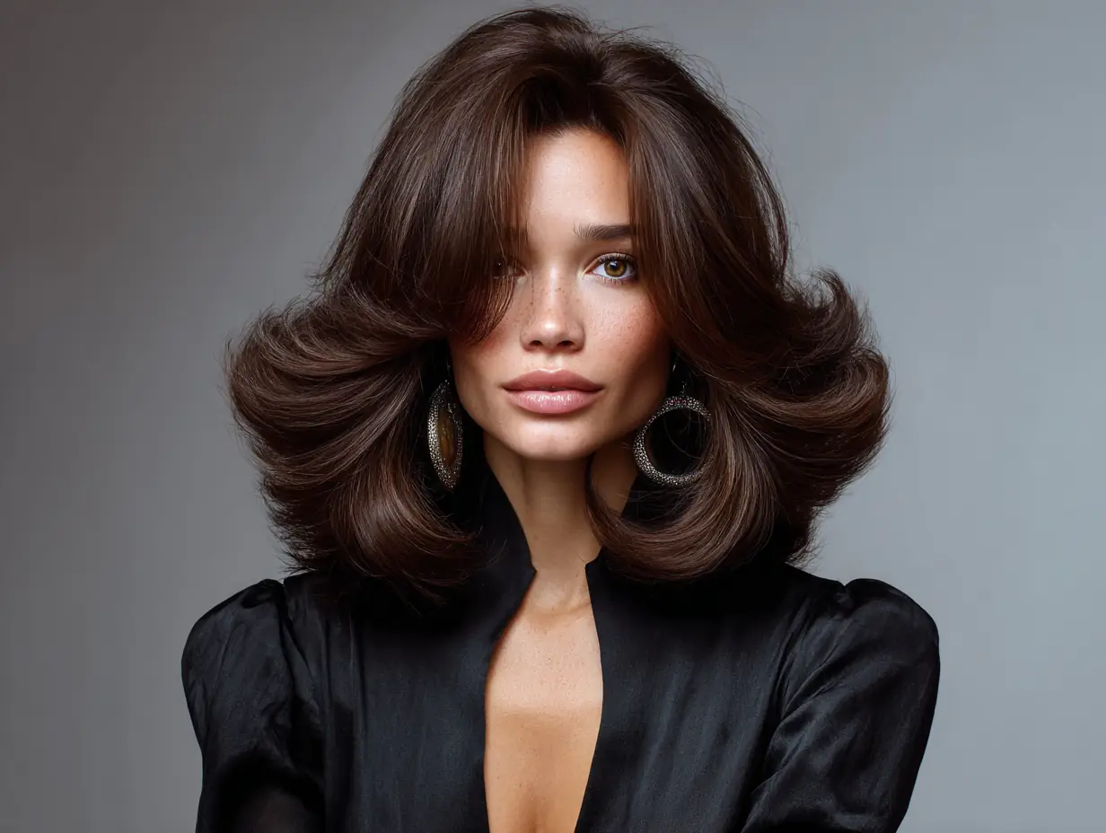 portrait of a woman with a voluminous blowout haircut, rich chocolate brown hair, natural lighting, soft background, modern salon look, clean makeup, confident pose