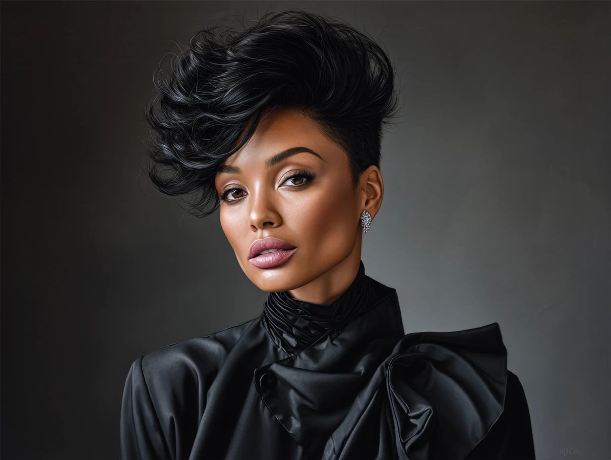 portrait of a woman with a voluminous blowout haircut, jet black shiny hair, glowing skin tone, high-contrast lighting, modern chic vibe, street fashion backdrop