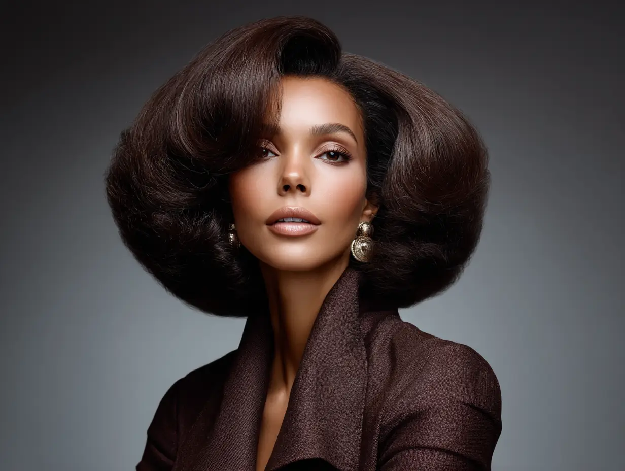 portrait of a woman with a voluminous blowout haircut, rich chocolate brown hair, natural lighting, soft background, modern salon look, clean makeup, confident pose