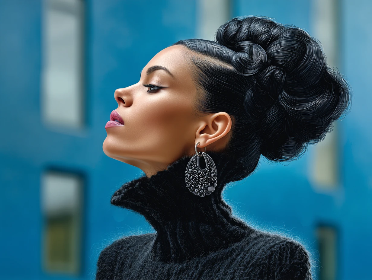 portrait of a woman with a voluminous blowout haircut, jet black shiny hair, glowing skin tone, high-contrast lighting, modern chic vibe, street fashion backdrop
