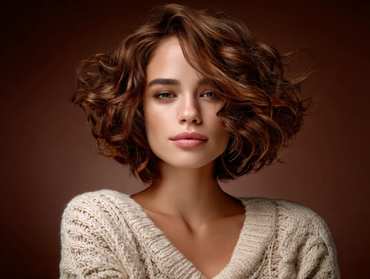 portrait of a woman with soft chestnut curly hair styled in a layered blowout haircut, mid-motion pose, elegant background, warm soft lighting, artistic composition