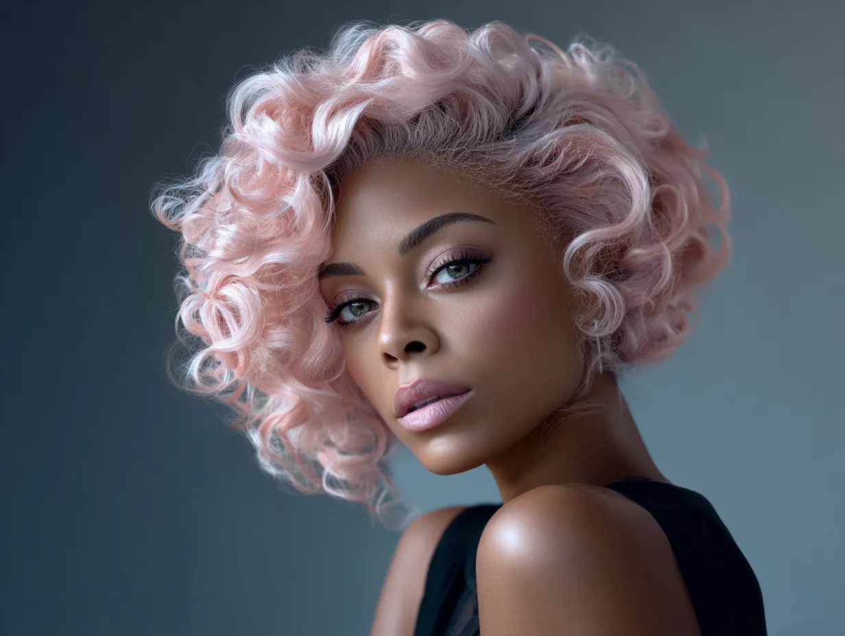 portrait of a woman with ashy rose curly hair in a refined blowout haircut, dreamy lighting, cool pastel color palette, creative angle, runway-inspired pose