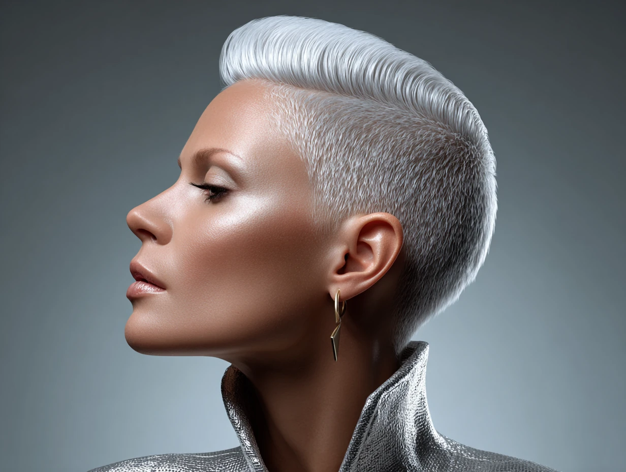 portrait of a woman with a blowout haircut, icy platinum silver hair, editorial-inspired angle, high-shine finish, futuristic lighting, bold silhouette, clean minimal makeup