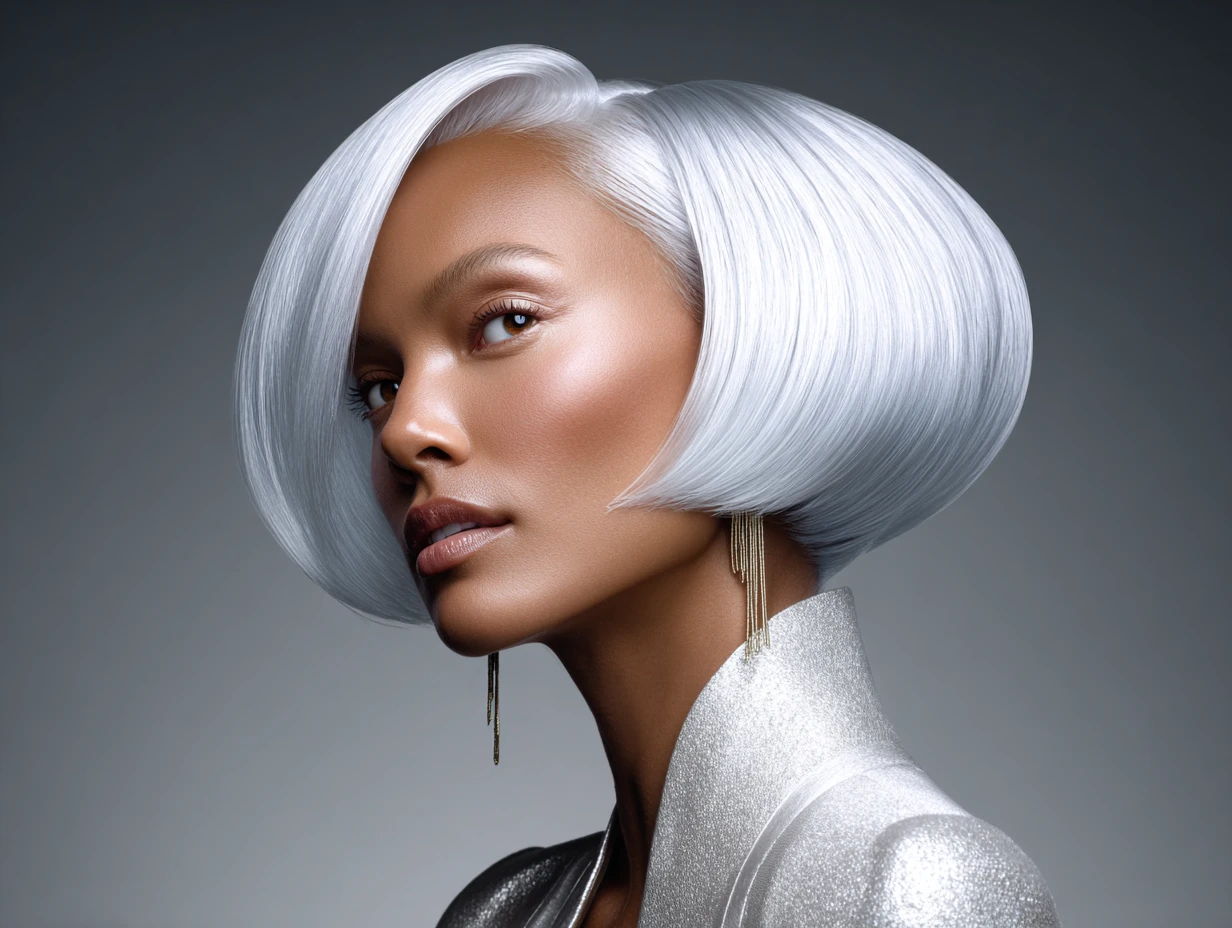 portrait of a woman with a blowout haircut, icy platinum silver hair, editorial-inspired angle, high-shine finish, futuristic lighting, bold silhouette, clean minimal makeup