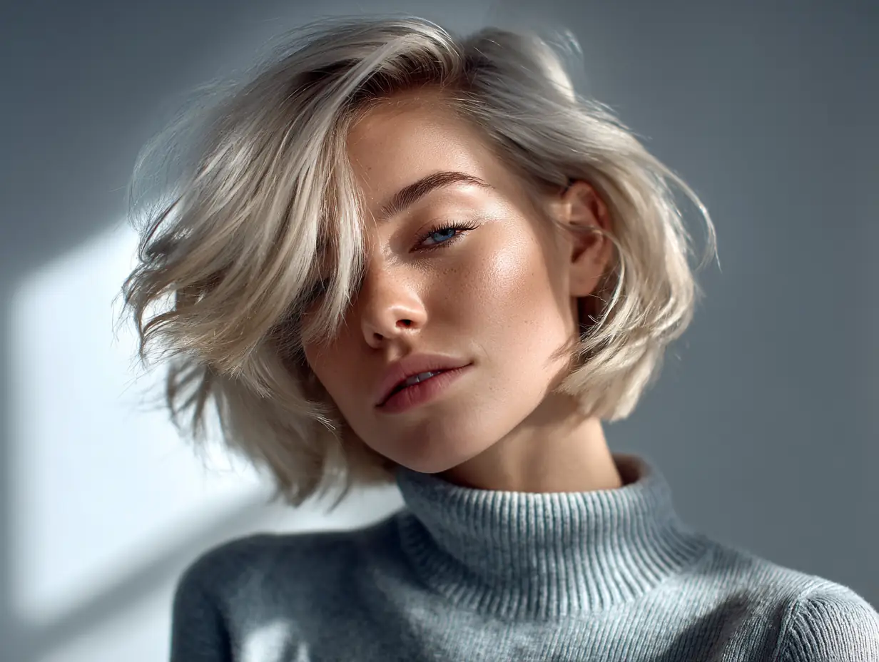 portrait of a woman with a blowout haircut, ash blonde highlighted hair, layered movement, cool undertones, ethereal lighting, artistic angle, minimalistic makeup, modern expression