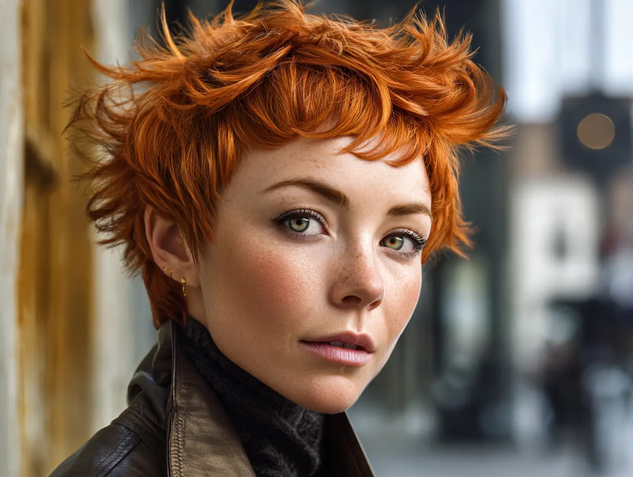 portrait of a woman with a blowout haircut, fiery copper red hair, glowing complexion, dramatic layers, urban setting, direct natural light, artistic composition, bold eye contact