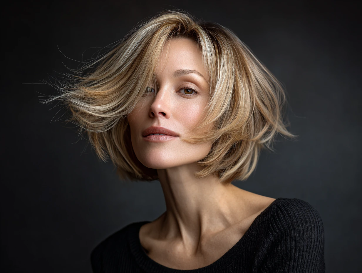 portrait of a woman with a blowout haircut, soft honey blonde hair, backlit setting, airy and textured movement, casual elegant vibe, minimal makeup, soft shadows