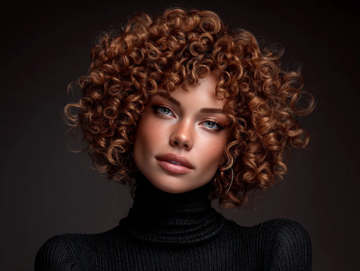 portrait of a woman with golden auburn curly hair styled in a voluminous blowout haircut, glowing ambient lighting, textured curls, natural makeup, confident attitude