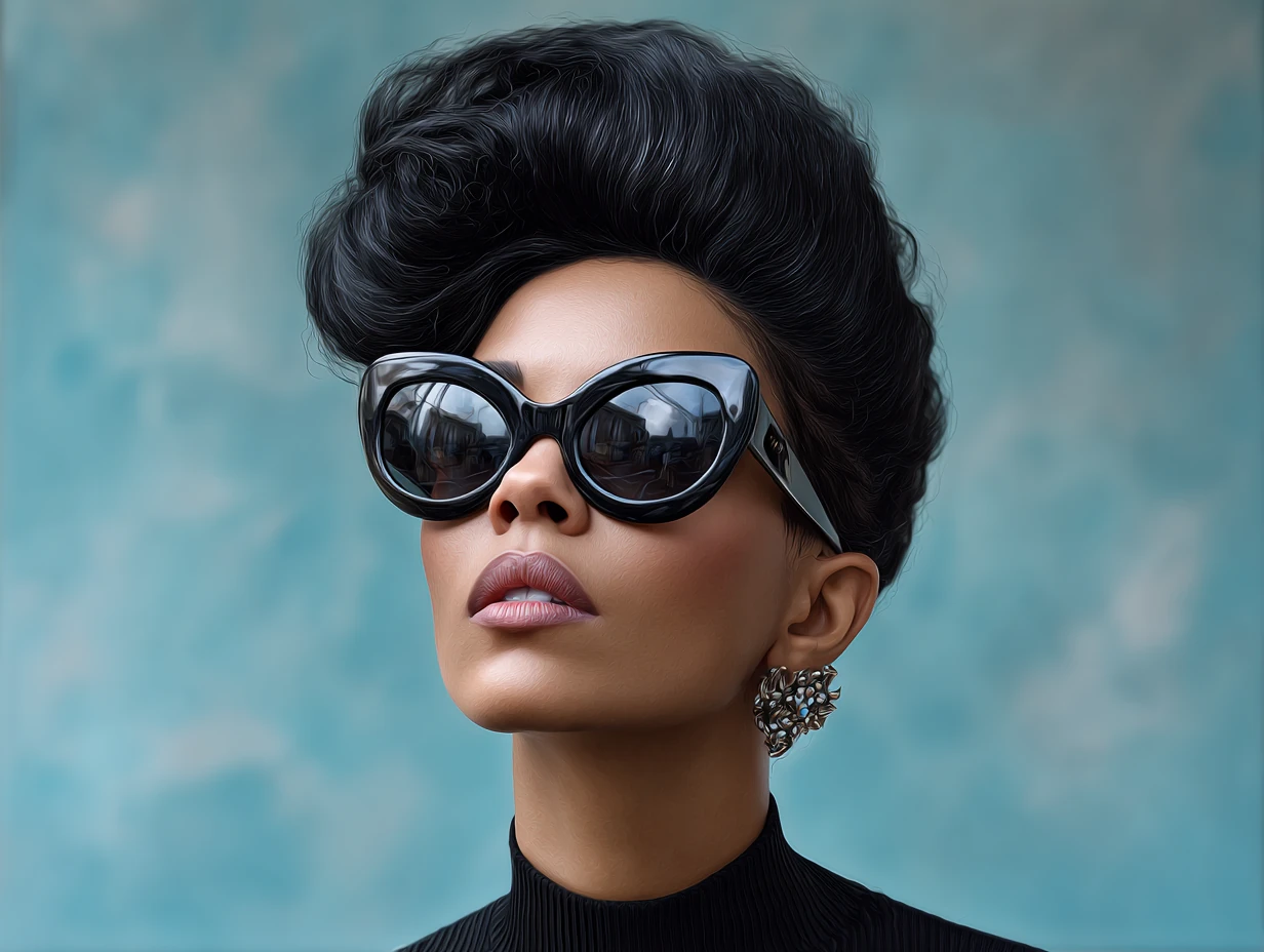 portrait of a woman with a voluminous blowout haircut, jet black shiny hair, glowing skin tone, high-contrast lighting, modern chic vibe, street fashion backdrop