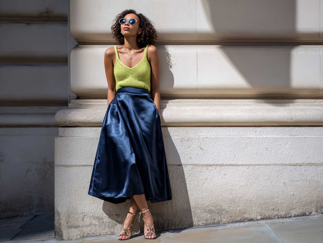 sunset street fashion photo, woman in navy satin midi skirt, lime green knit tank top, strappy sandals, relaxed confident pose, soft lens focus