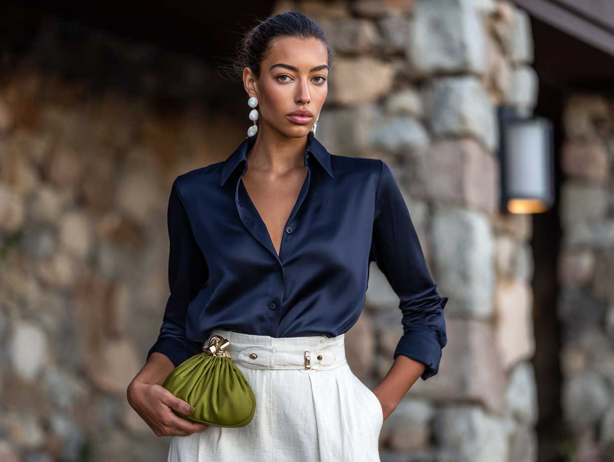 lifestyle fashion shoot, model in navy silk shirt, white linen trousers, olive green clutch, golden hour setting, refined and elegant aesthetic