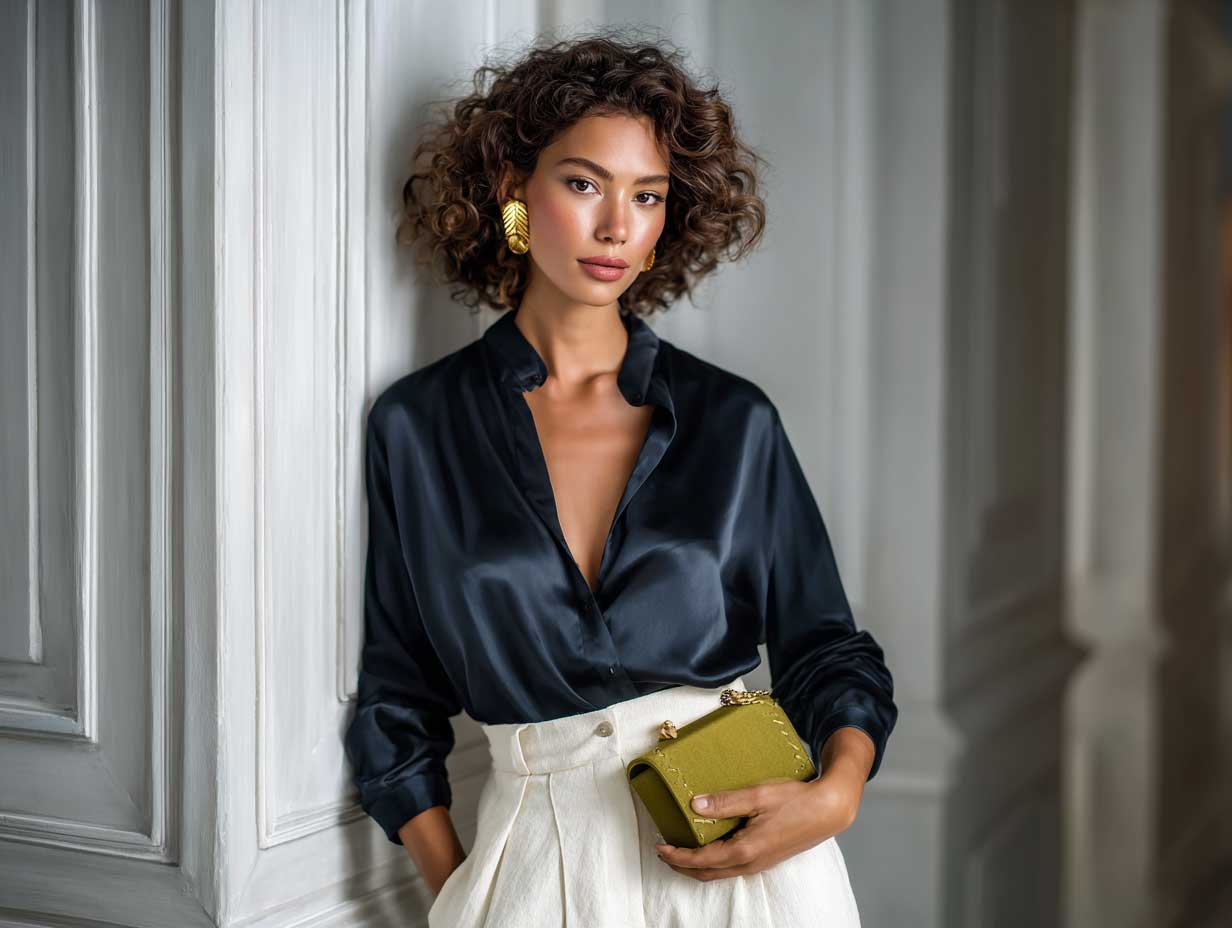 lifestyle fashion shoot, model in navy silk shirt, white linen trousers, olive green clutch, golden hour setting, refined and elegant aesthetic