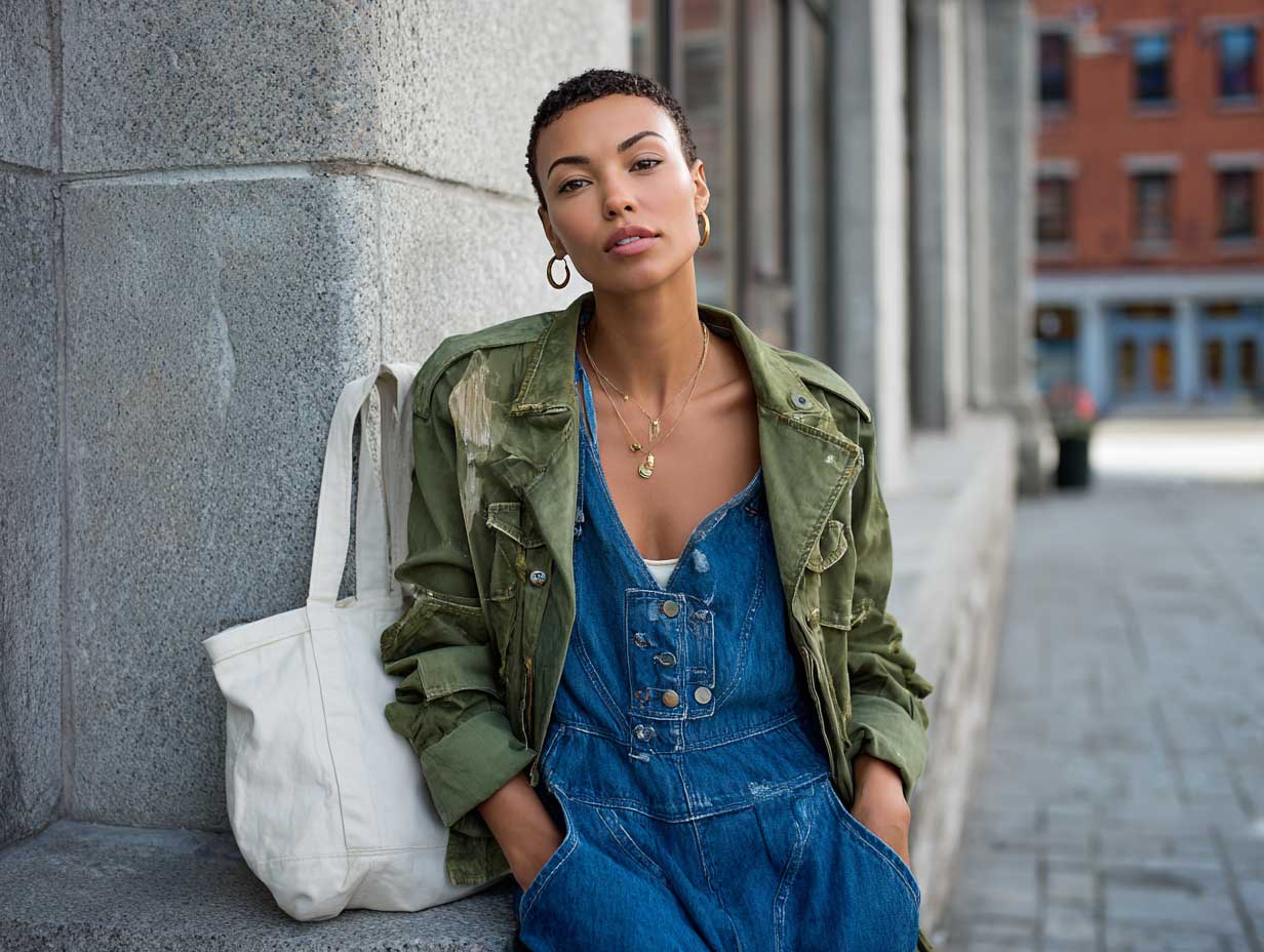 fashion editorial, woman wearing blue denim jumpsuit with olive green utility jacket and white canvas tote, urban background, relaxed city vibe, natural daylight