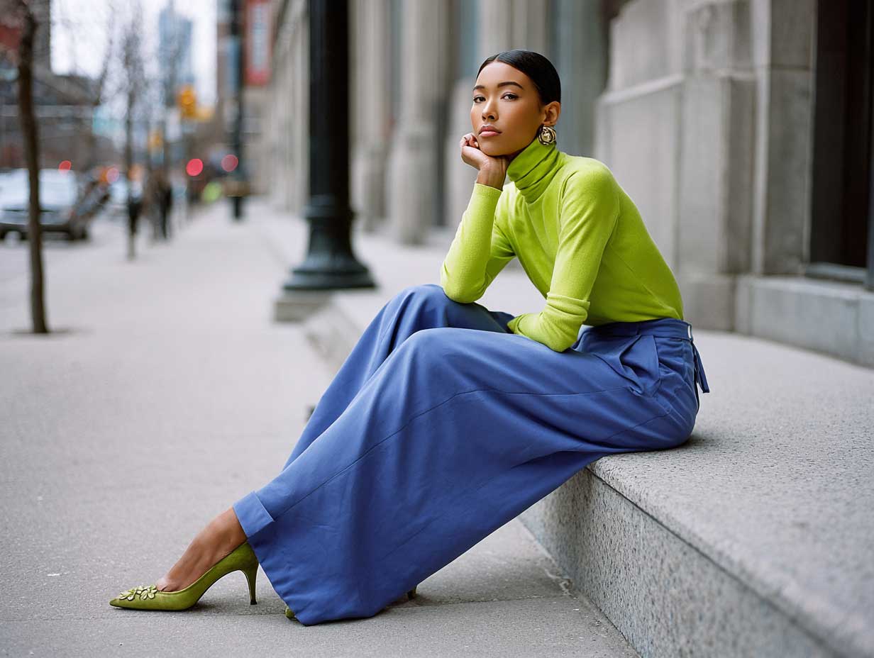 fashion editorial, woman wearing blue wide-leg trousers and lime green turtleneck, city background, stylish pointed flats, soft lighting, 35mm film look