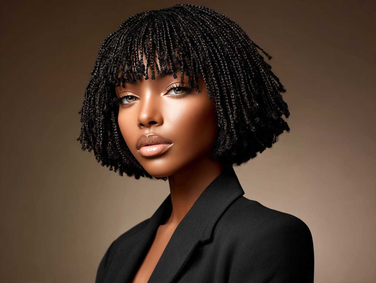African American woman with blunt bob haircut and twist-out curls, high definition texture, artistic lighting, full-length neutral-toned fashion look, confident posture, close-cropped backdrop, natural glam aesthetic