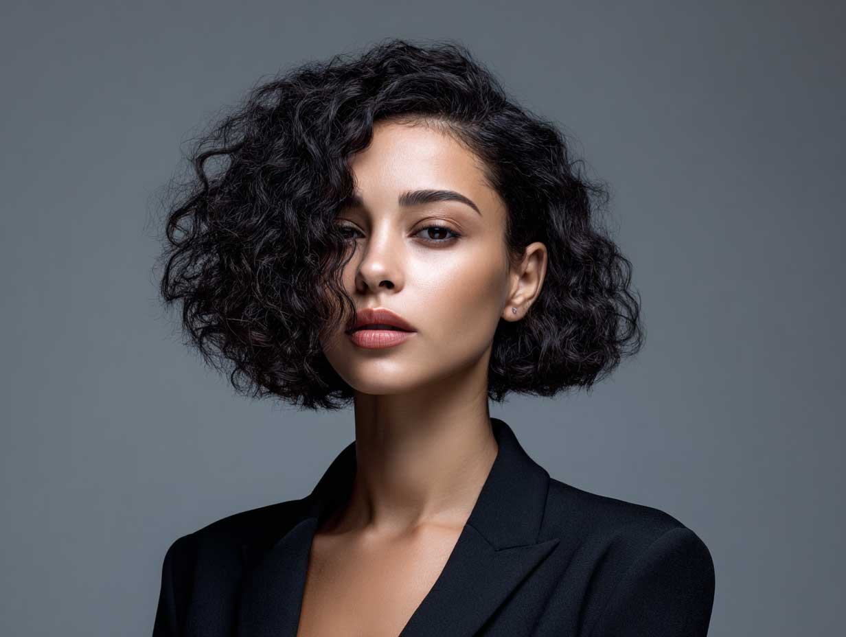 Blunt bob haircut on woman with tight curls and asymmetrical part, volume concentrated on one side, bold fashion styling, clean studio backdrop, soft diffused lighting, natural makeup, full-length figure