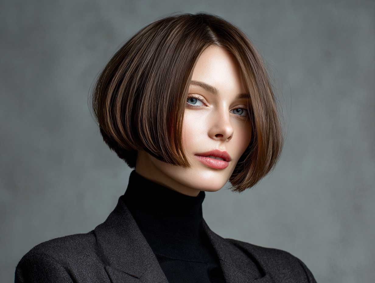 Side-swept blunt bob haircut with soft layers, contemporary setting, elegant outfit, shoulder-length clean-cut bob, studio lighting, realistic textures and details, neutral tones