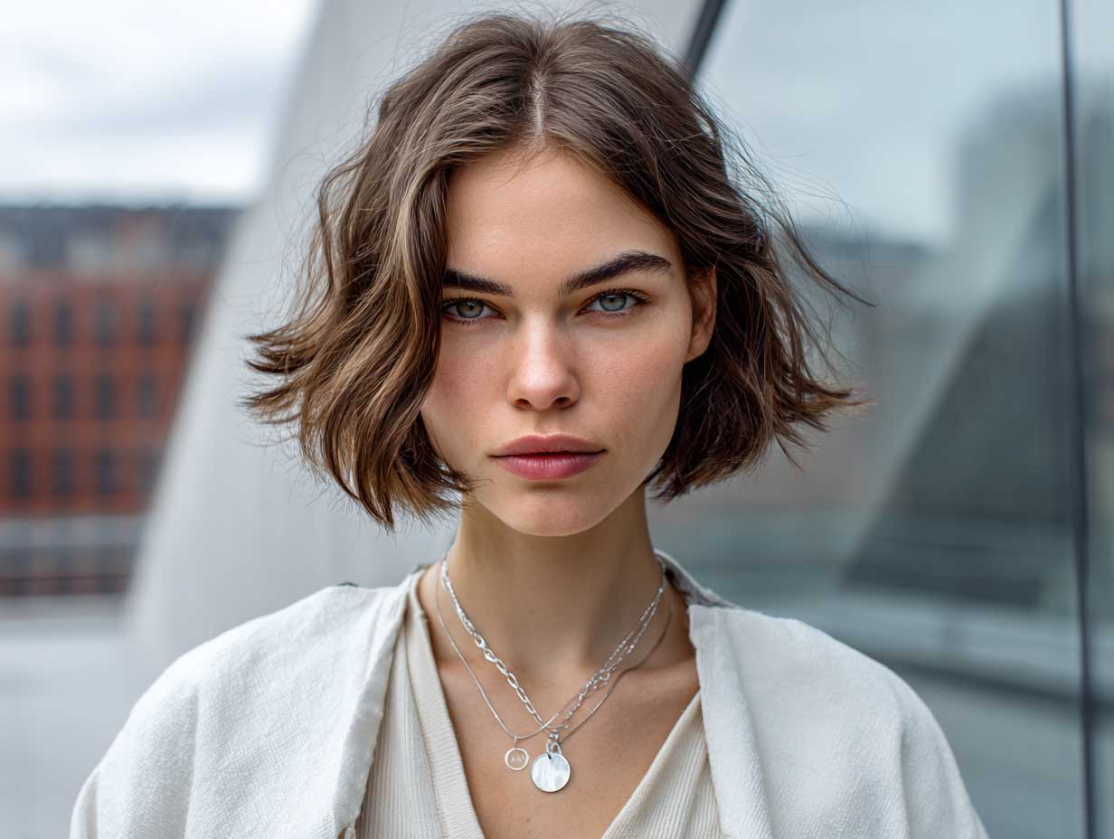 Female model with blunt bob haircut and natural waves, precise middle part, casual outfit, urban backdrop, daylight photography, clean modern aesthetic