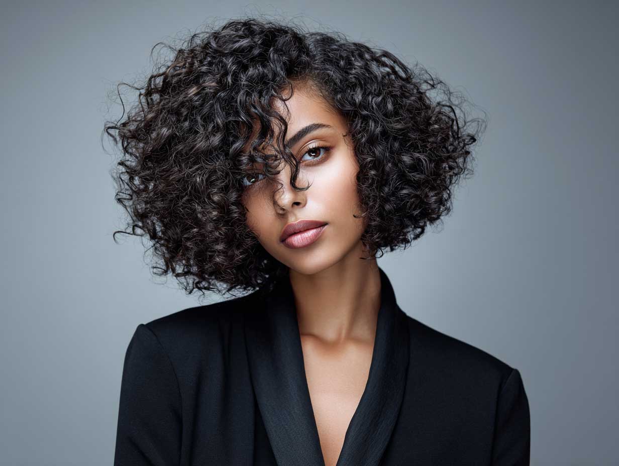 Blunt bob haircut on woman with tight curls and asymmetrical part, volume concentrated on one side, bold fashion styling, clean studio backdrop, soft diffused lighting, natural makeup, full-length figure