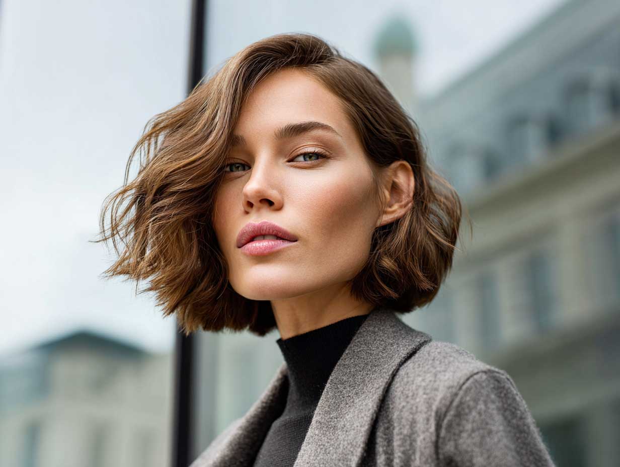 Female model with blunt bob haircut and natural waves, precise middle part, casual outfit, urban backdrop, daylight photography, clean modern aesthetic