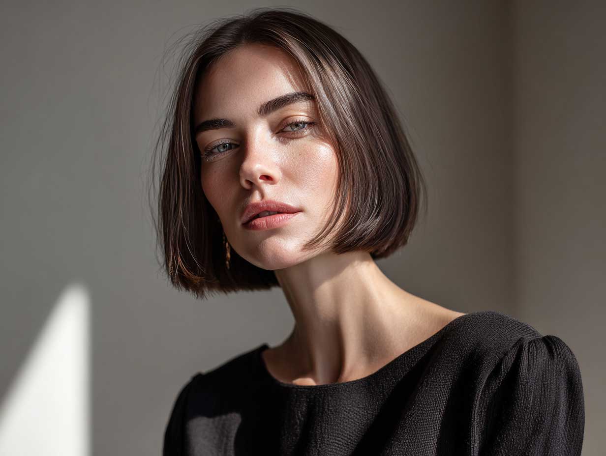 Woman with a blunt bob haircut, center part, tucked ends near jawline, natural look, minimalist styling, full-length view, neutral fashion palette, editorial photography