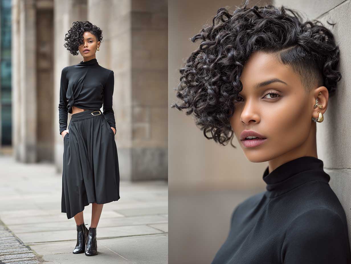 Curly blunt bob haircut with undercut detail, soft spiral coils, bold silhouette, edgy streetwear outfit, full-length model shot, muted urban background, crisp daylight lighting, contemporary magazine style