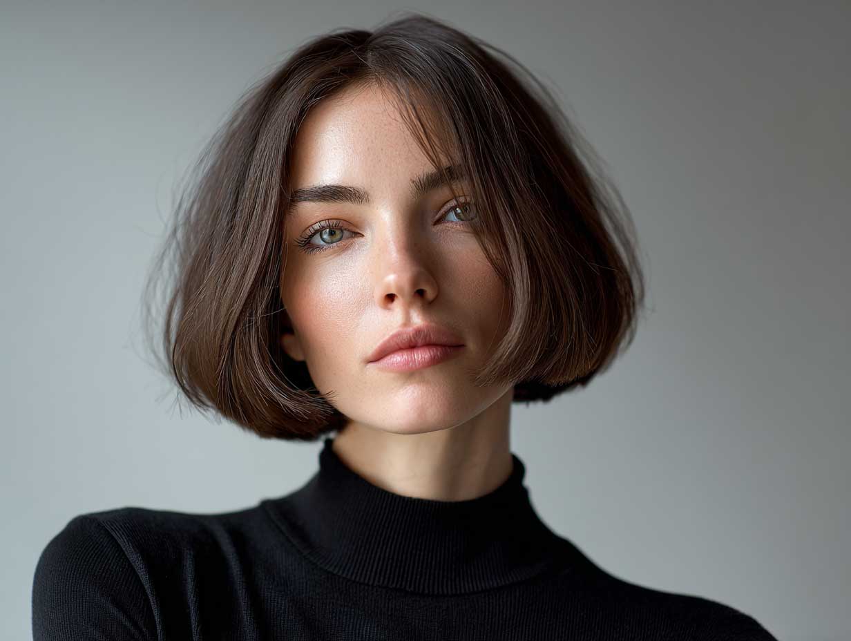 Woman with a blunt bob haircut, center part, tucked ends near jawline, natural look, minimalist styling, full-length view, neutral fashion palette, editorial photography
