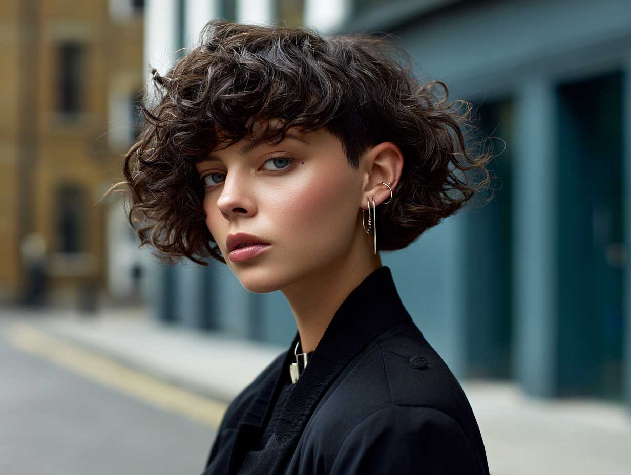 Curly blunt bob haircut with undercut detail, soft spiral coils, bold silhouette, edgy streetwear outfit, full-length model shot, muted urban background, crisp daylight lighting, contemporary magazine style