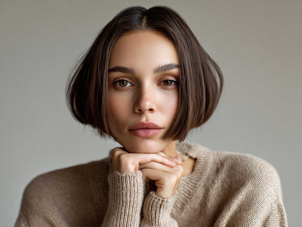 Woman with a blunt bob haircut, center part, tucked ends near jawline, natural look, minimalist styling, full-length view, neutral fashion palette, editorial photography