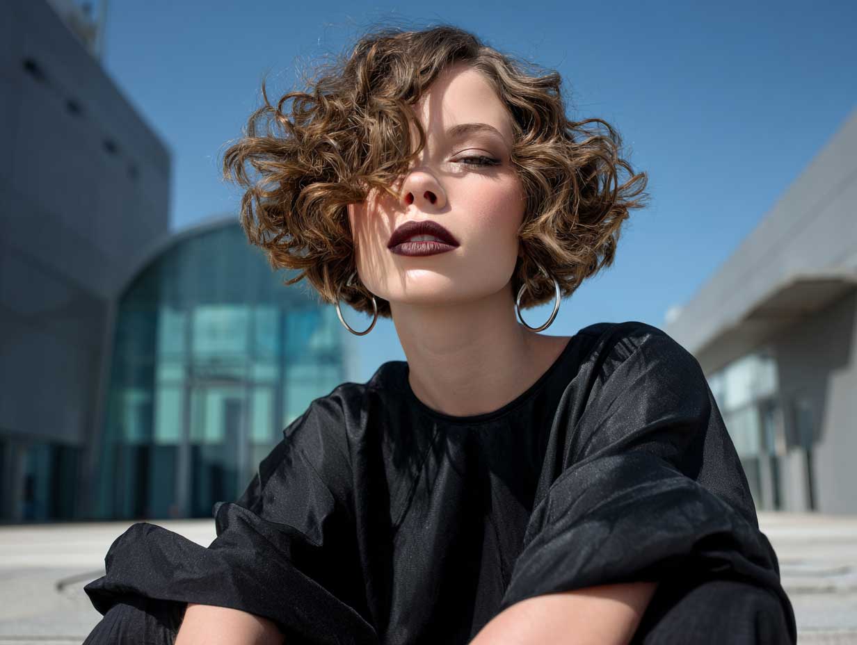Curly blunt bob haircut with undercut detail, soft spiral coils, bold silhouette, edgy streetwear outfit, full-length model shot, muted urban background, crisp daylight lighting, contemporary magazine style