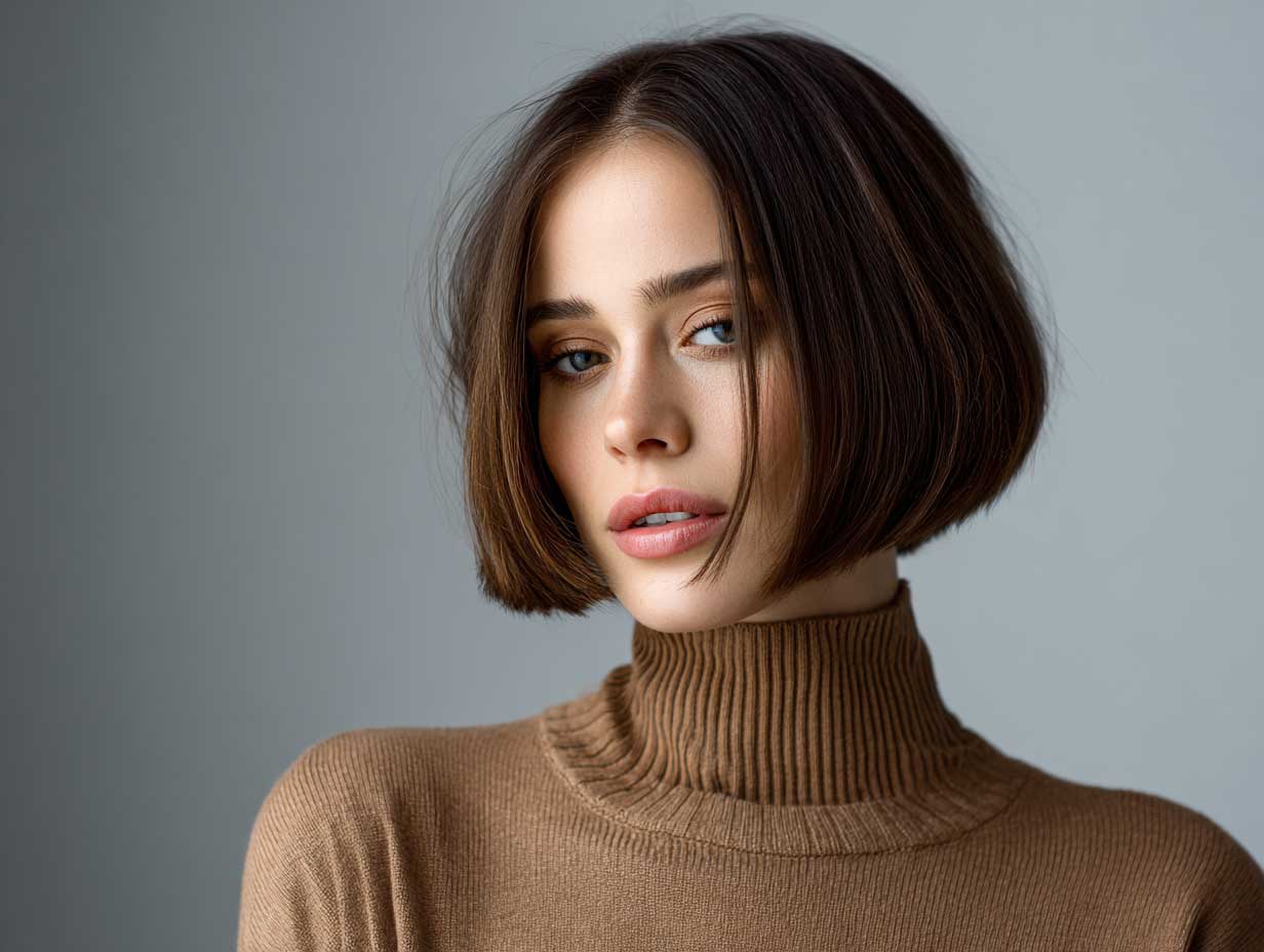 Woman with a blunt bob haircut, center part, tucked ends near jawline, natural look, minimalist styling, full-length view, neutral fashion palette, editorial photography