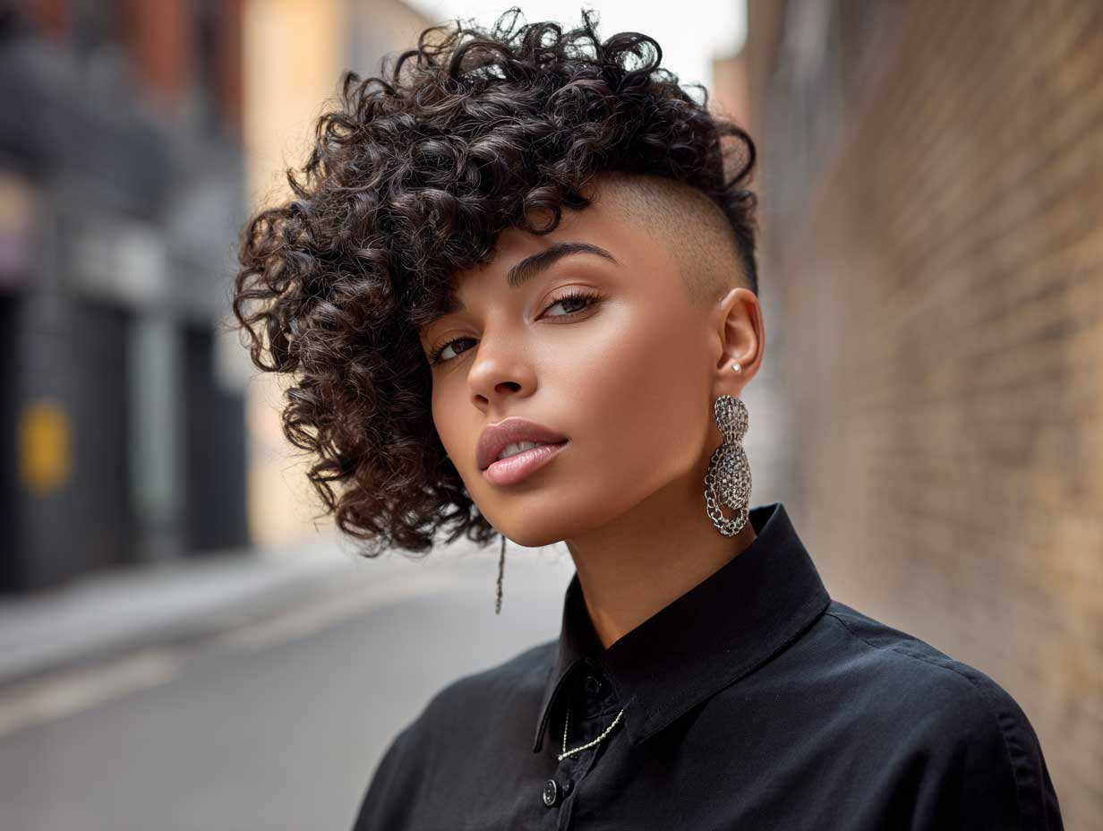 Curly blunt bob haircut with undercut detail, soft spiral coils, bold silhouette, edgy streetwear outfit, full-length model shot, muted urban background, crisp daylight lighting, contemporary magazine style