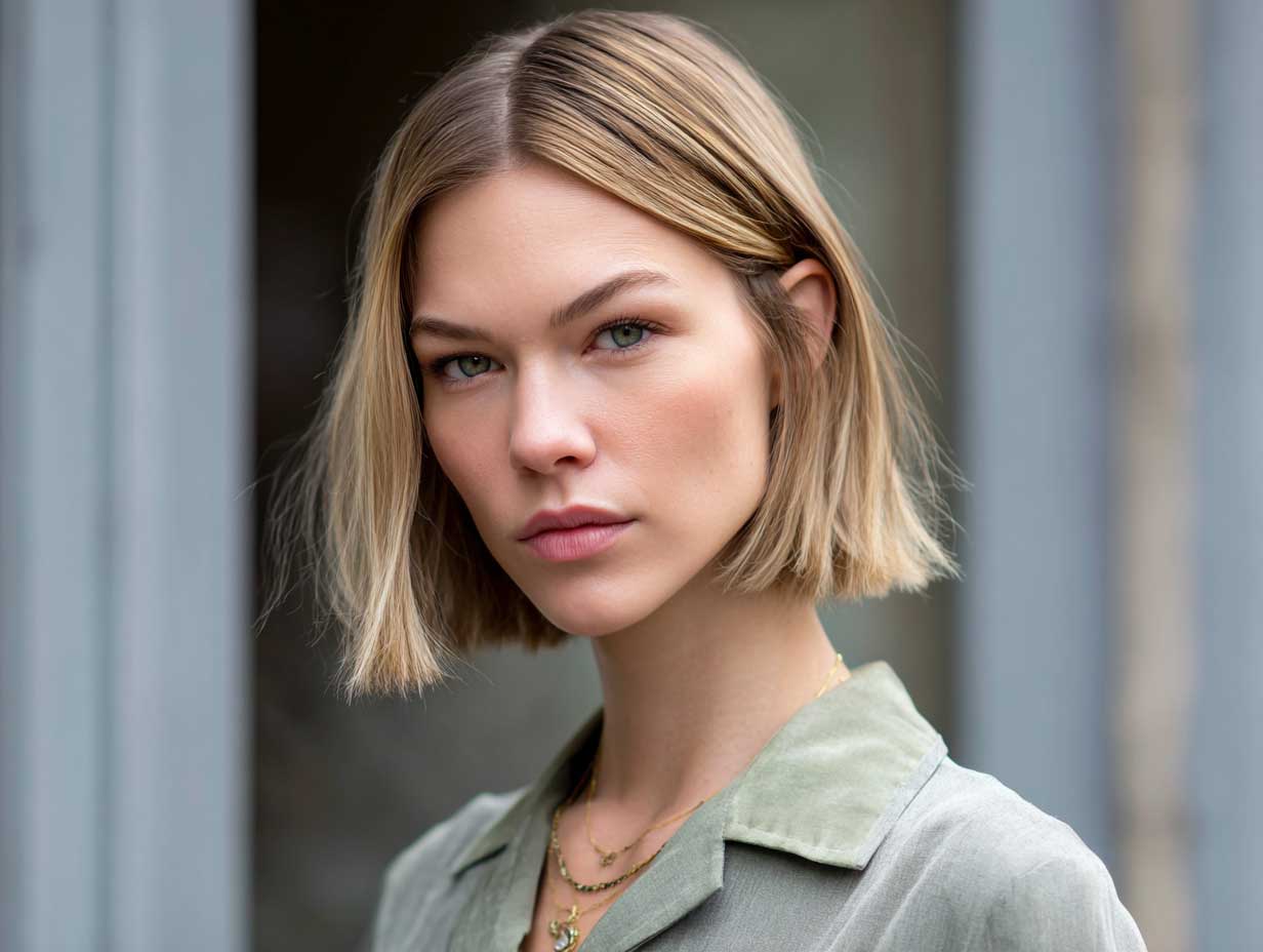 Blunt bob haircut with flicked outward ends, center part, model with light makeup, simple outfit, soft daylight, candid standing pose, minimal fashion setting