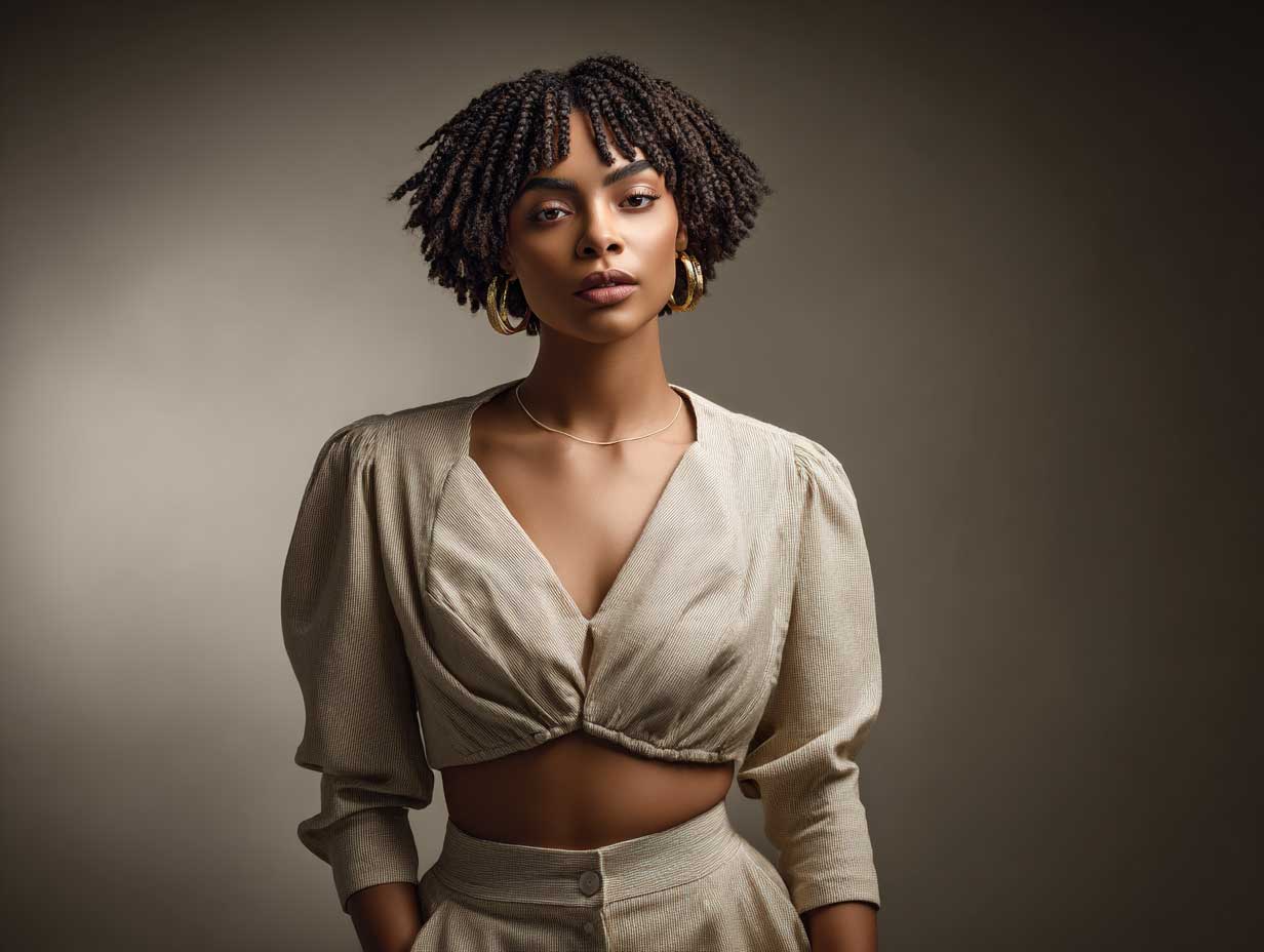 African American woman with blunt bob haircut and twist-out curls, high definition texture, artistic lighting, full-length neutral-toned fashion look, confident posture, close-cropped backdrop, natural glam aesthetic