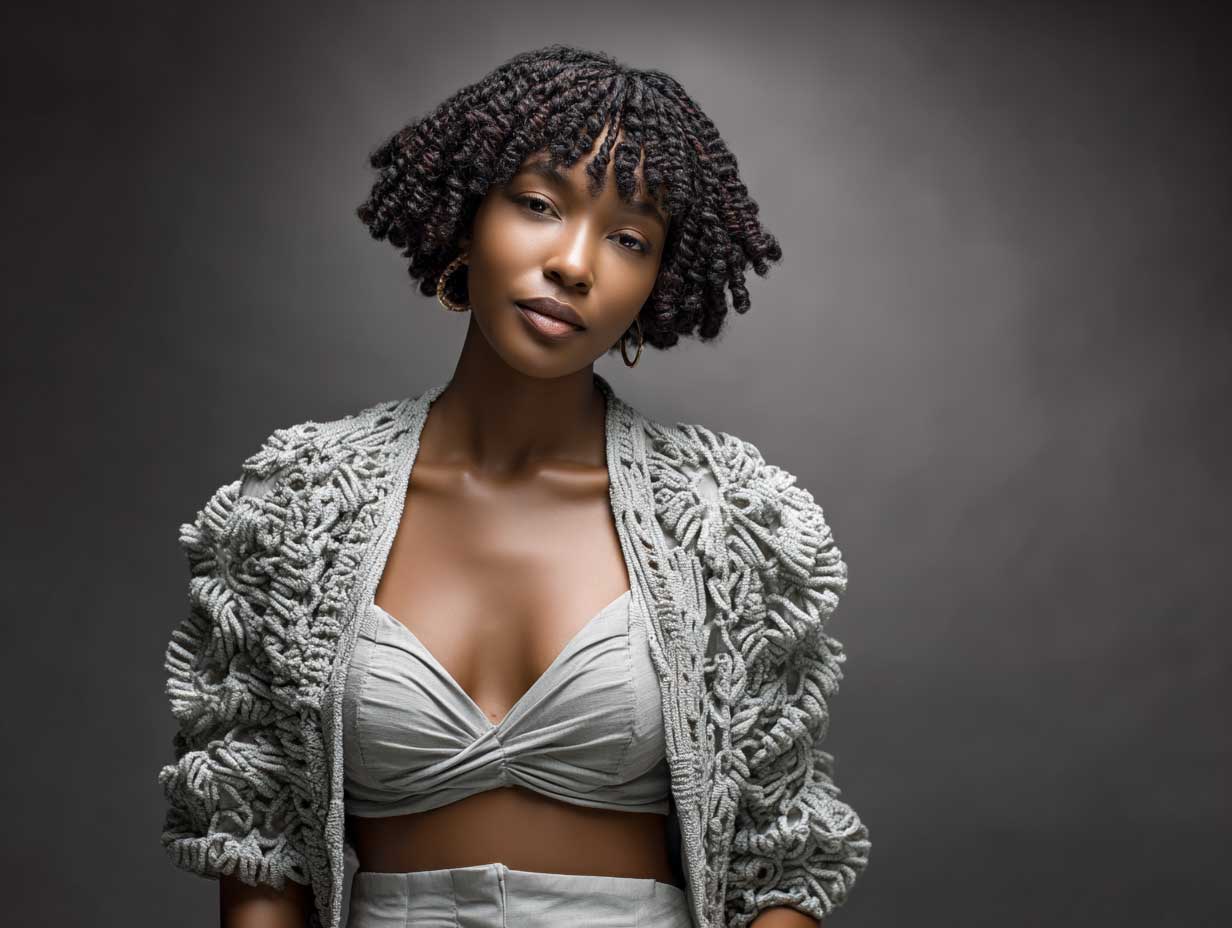 African American woman with blunt bob haircut and twist-out curls, high definition texture, artistic lighting, full-length neutral-toned fashion look, confident posture, close-cropped backdrop, natural glam aesthetic