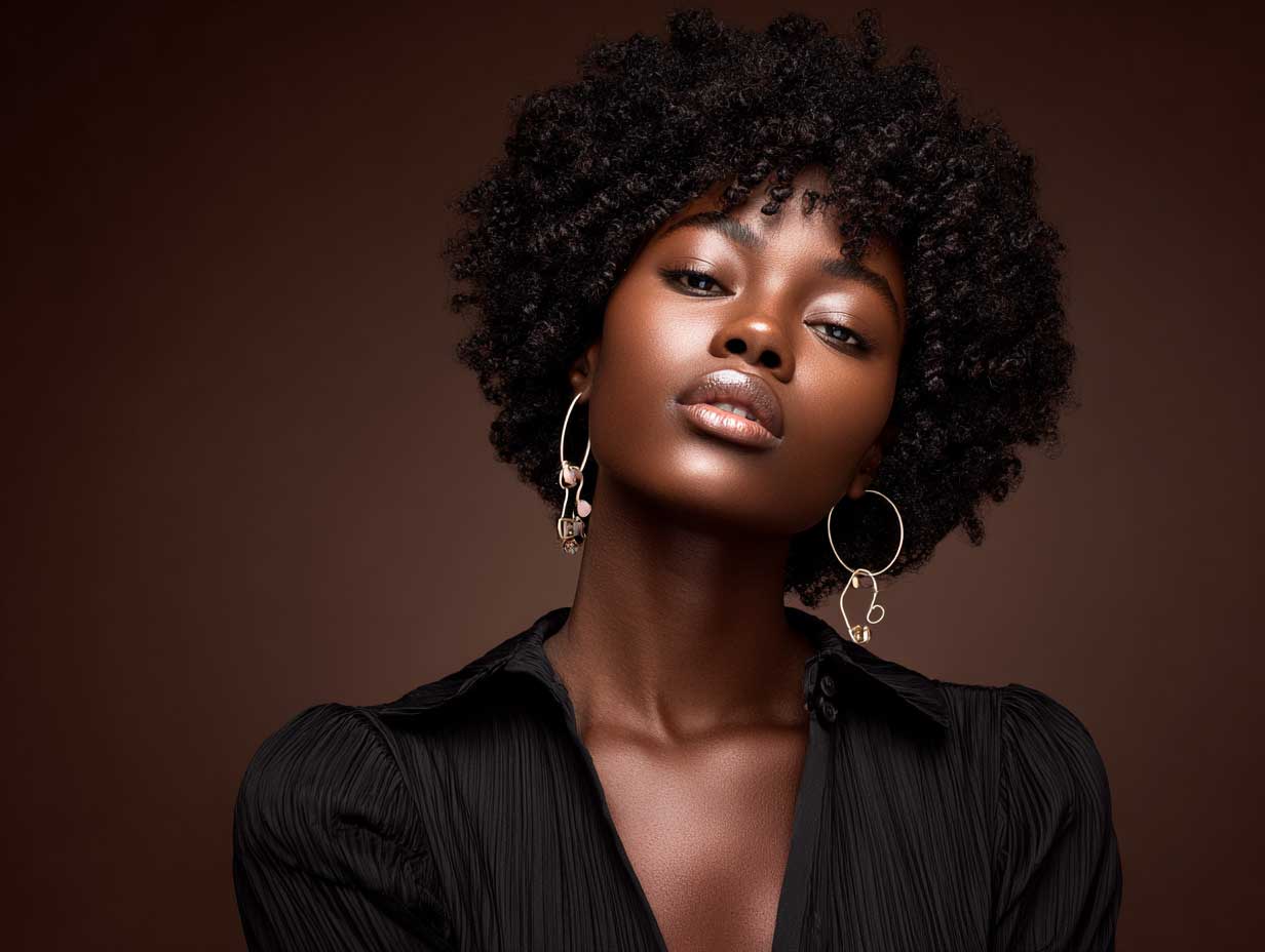 Black woman with tight coily hair in a blunt bob haircut, strong clean edges, high volume silhouette, glowing natural skin, studio lighting, minimalist background, full-length fashion-forward streetwear outfit, editorial photography